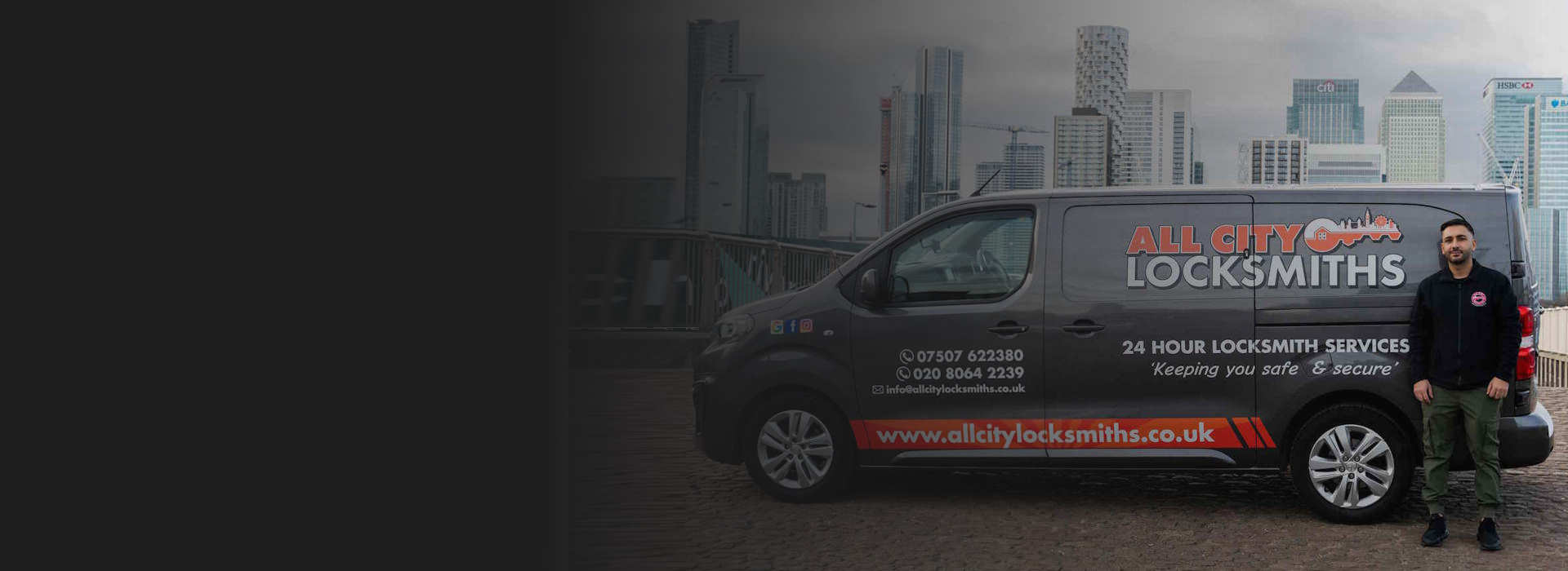 Stelios - Locksmith in Sidcup by his van with London cityscape
